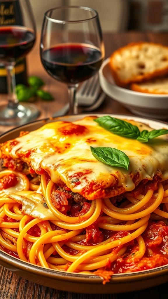 Baked spaghetti casserole topped with melted cheese and fresh basil, served on a rustic table with garlic bread and wine.